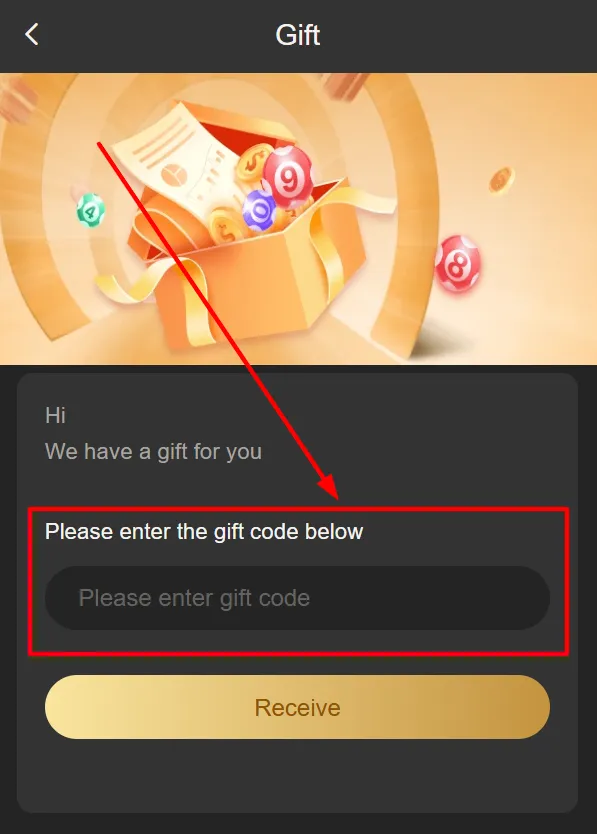 Entering the gift code in the input box on TPPlay